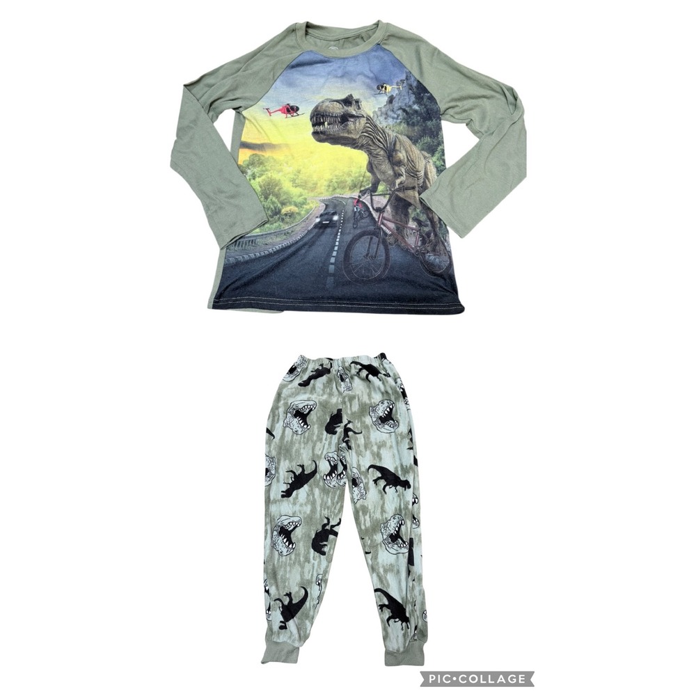 Wonder Nation Pajama Set Kids Size 8 T-Rex Long Sleeve Fleece Green M 8